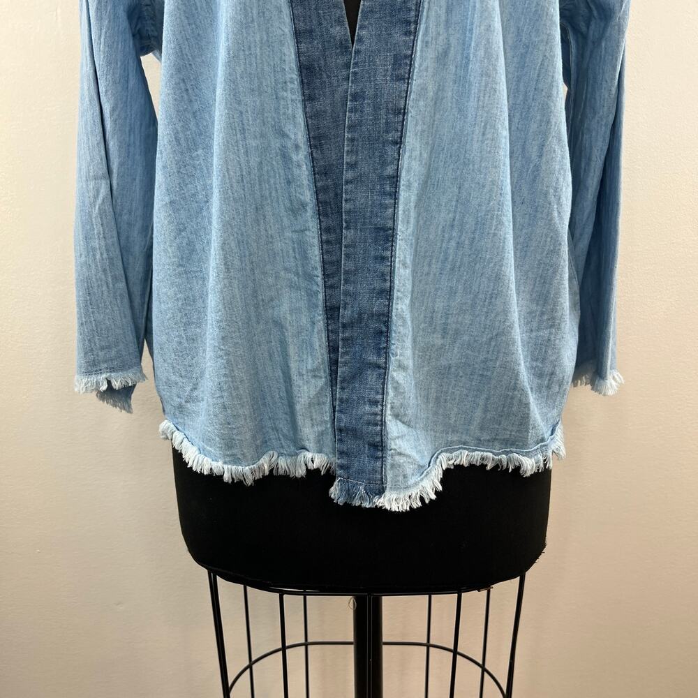 SUN + STONE Blue Chambray Embroidered Raw Hem Open Cardigan Jacket Aztec Boho S - Picture 4 of 11
